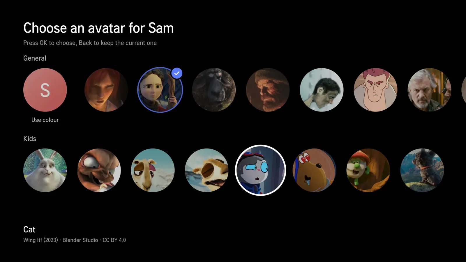 Avatar picker with a General row and a Kids row of character pictures.