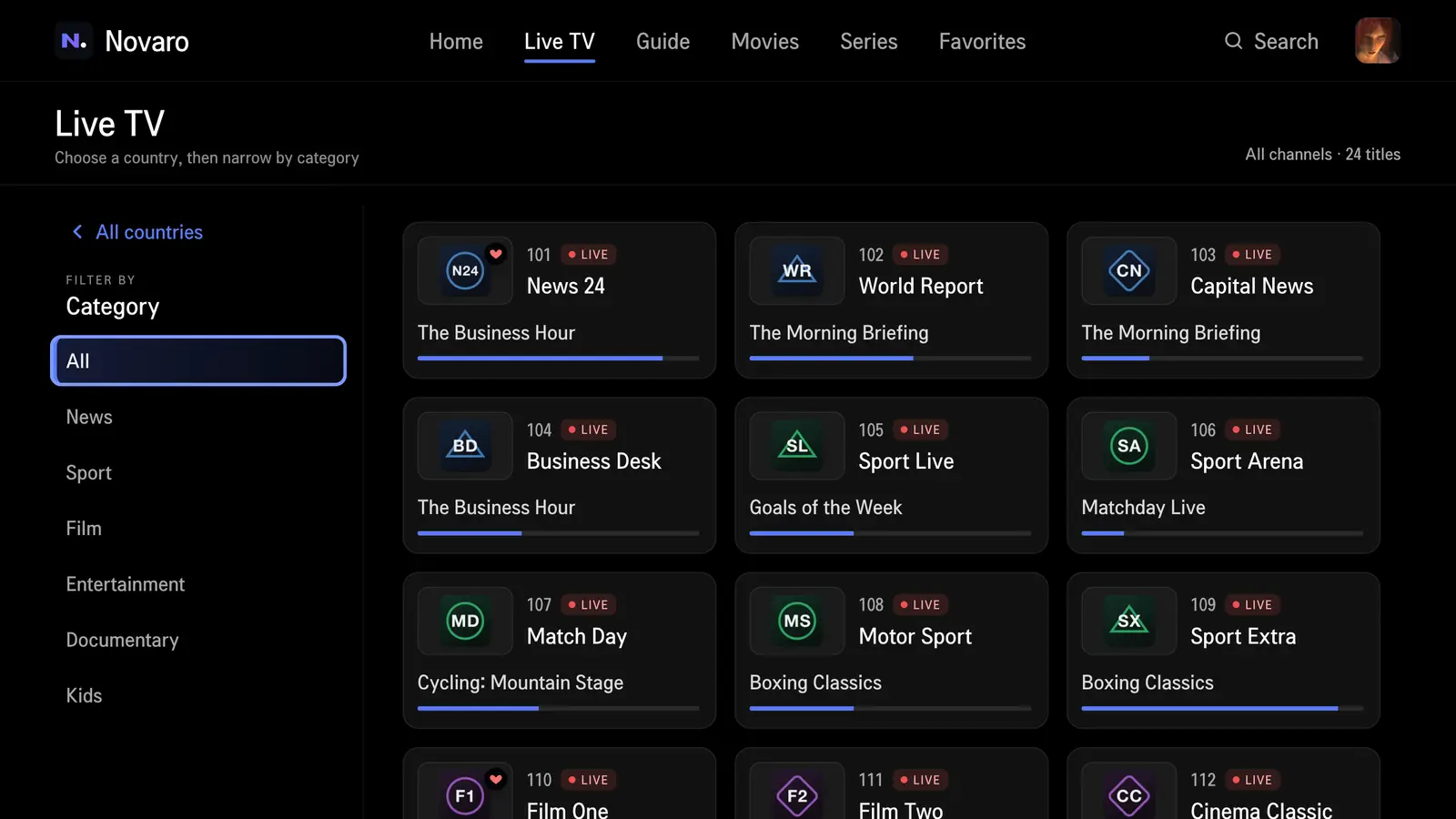 Live TV grid of channel cards with the programme playing now and a progress bar under each.