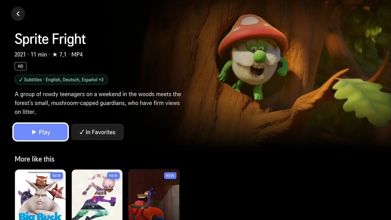 Film details for Sprite Fright with an HD badge, subtitle languages English, Deutsch and Español, and a Play button.
