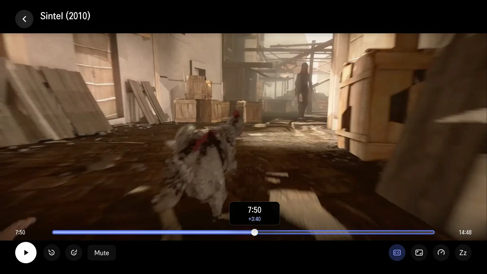 Player mid-scrub: a time bubble above the progress bar reads 7:50 and +3:40, showing the new position and the jump.