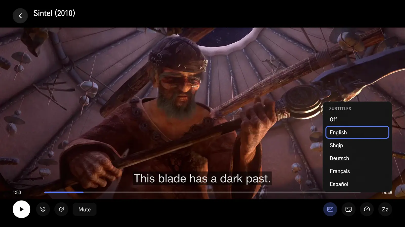 A film playing with the subtitle menu open on the right, listing Off, English (selected), Shqip, Deutsch, Français and Español.